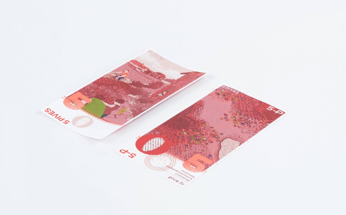 Dessin des billets de la pive, monnaie locale comtoise.