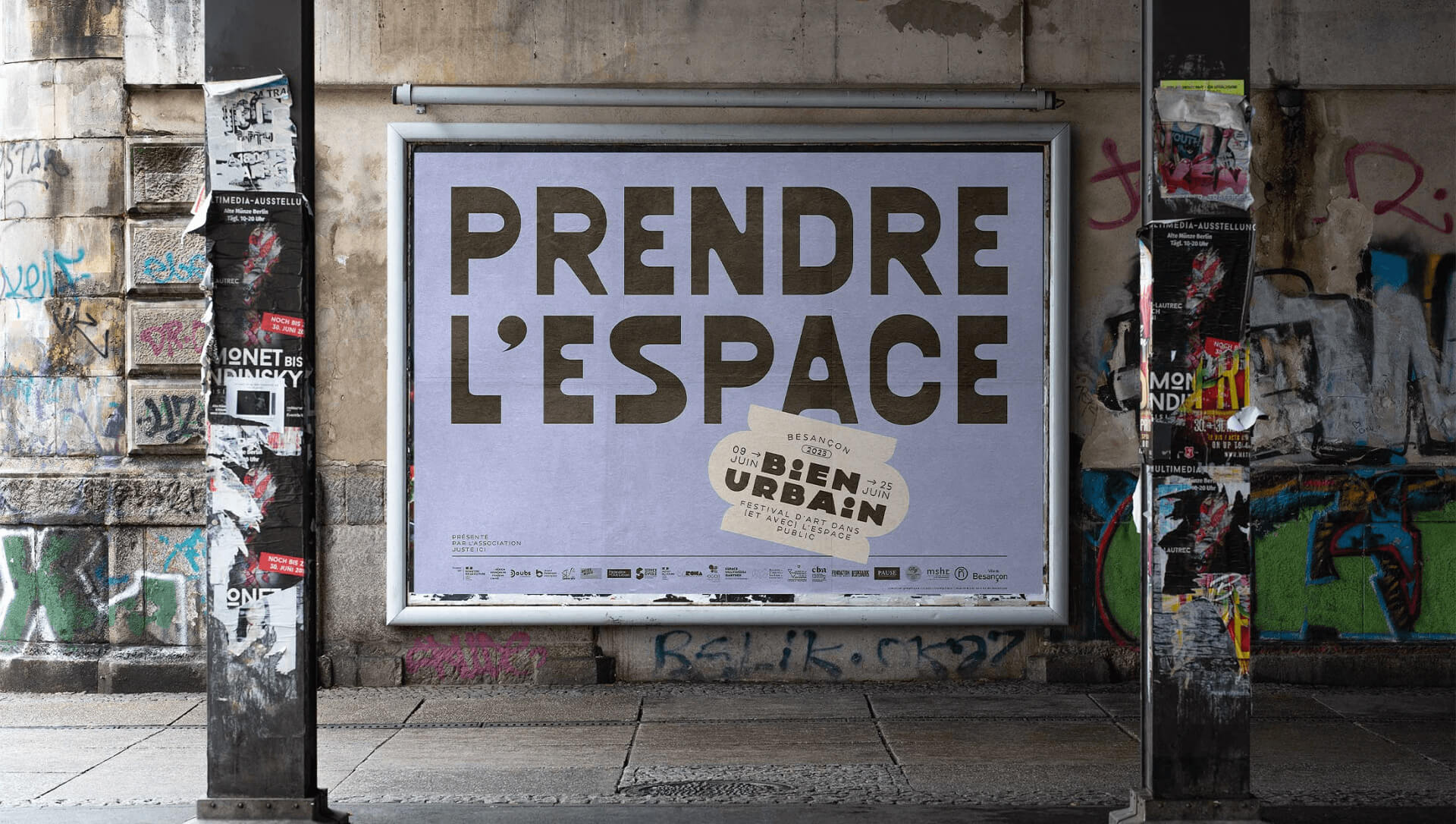affiche grand format pour le festival d'art urbain "bien urbain 2023" conçue par le studio champ libre