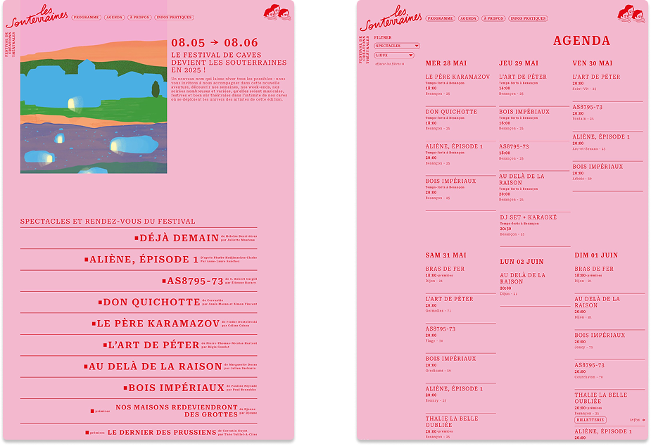 Design graphique du site internet du festival de théâtre les souterraines , msie en page des contenus, ergonomie, navigation et webdesign